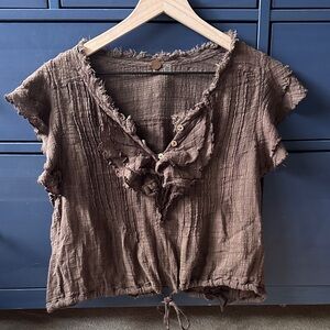 Free People Brown Frayed Crop V-Neck Blouse